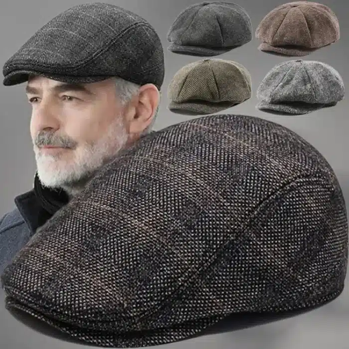 Béret rétro pour hommes, chapeaux britanniques en mélange de laine, Vintage, en Tweed à chevrons, décontracté, à la mode, plat, garde au chaud, cadeaux 1