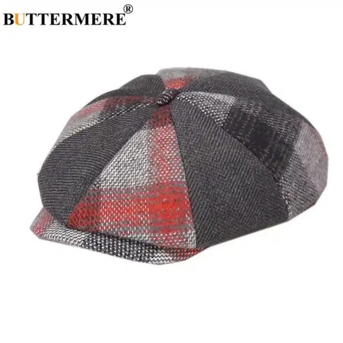 Papillon casquette en laine hommes femmes, casquette octogonale en laine homme Tweed panneau Plaid Style britannique marque Vintage casquette plate béret 5